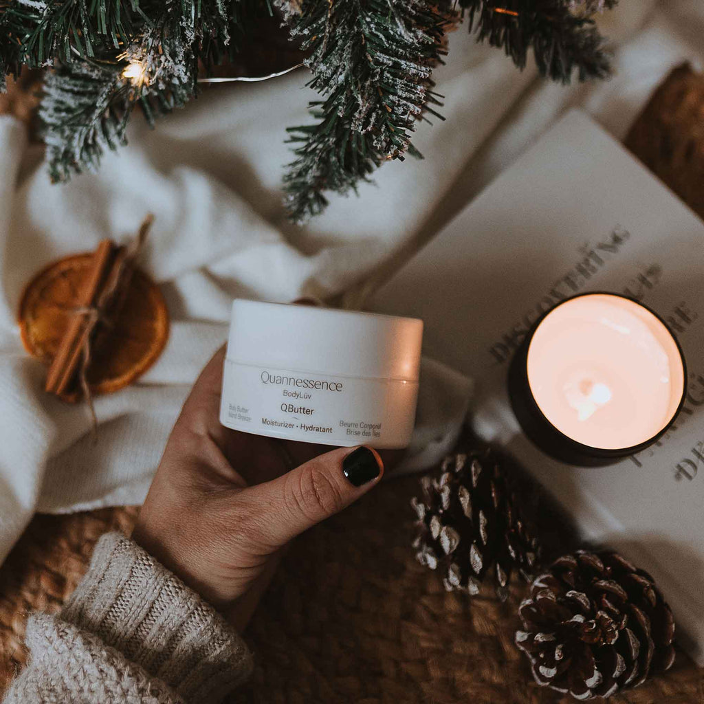 Quannessence Skincare, BodyLüv Collection, professional skincare, Holistic Beauty, Made in Canada, Naturally Sourced, Active ingredients, women-owned, Body, Cream, Moisturizer, QButter, Body Butter Cream, white jar with green plant display