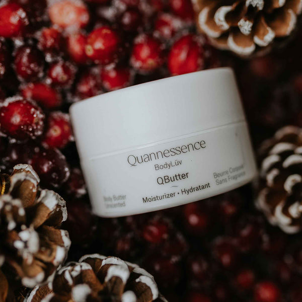 Quannessence Skincare, BodyLüv Collection, professional skincare, Holistic Beauty, Made in Canada, Naturally Sourced, Active ingredients, women-owned, Body, Cream, Moisturizer, QButter, Body Butter Cream, white jar with green plant display