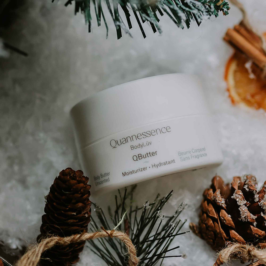 Quannessence Skincare, BodyLüv Collection, professional skincare, Holistic Beauty, Made in Canada, Naturally Sourced, Active ingredients, women-owned, Body, Cream, Moisturizer, QButter, Body Butter Cream, white jar with green plant display