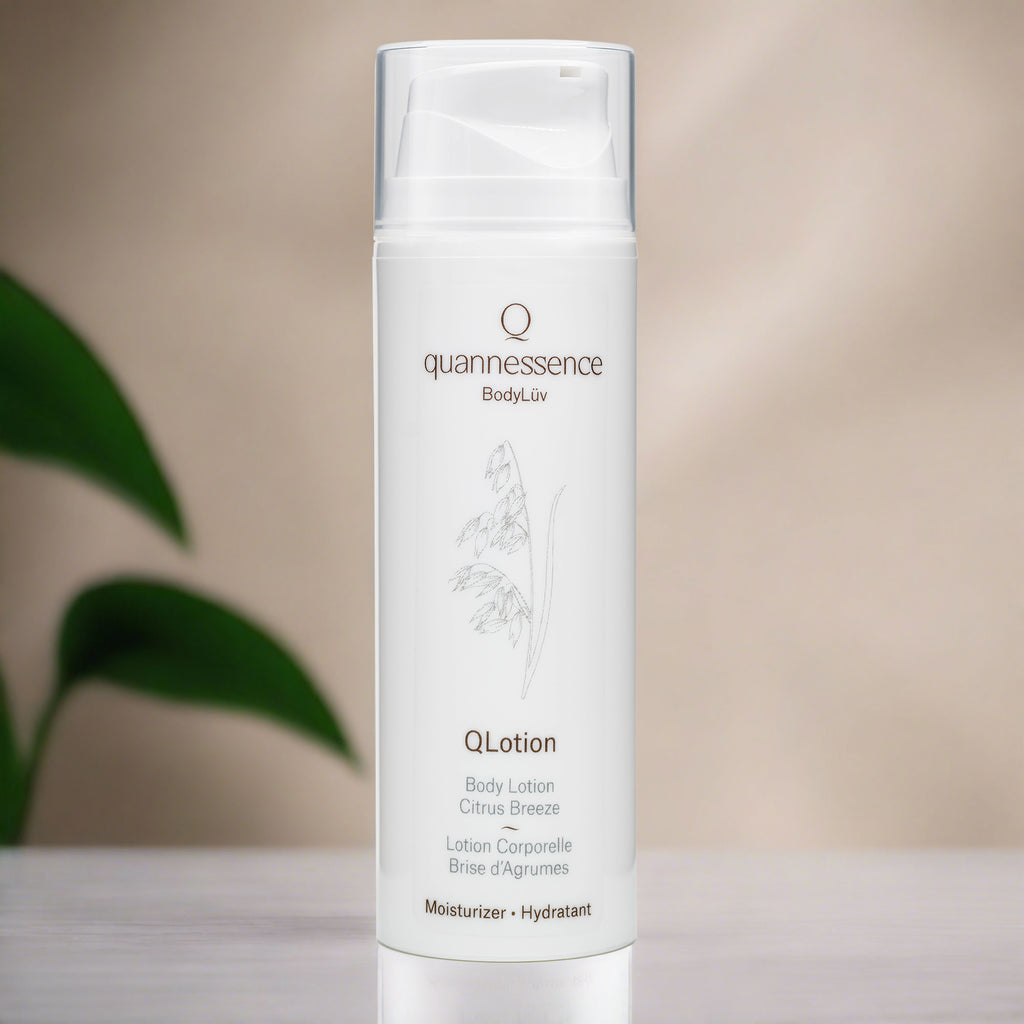 Quannessence Skincare, BodyLüv Collection, professional skincare, Holistic Beauty, Made in Canada, Naturally Sourced, Active ingredients, women-owned, Body, Lotion, Moisturizer, QLotion, Hand and Body Lotion, white packaging with pump