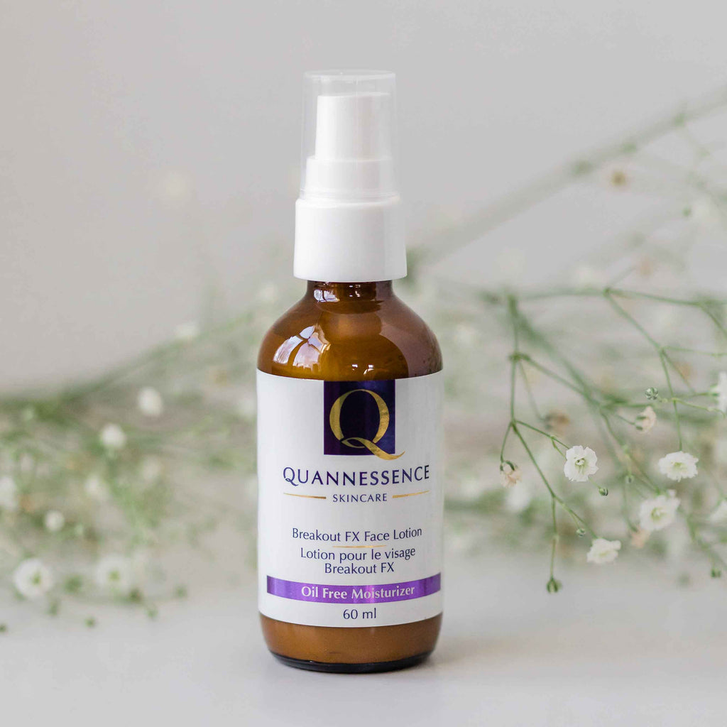 Quannessence: Breakout FX- Most essential moisturizing lotion for acne Quannessence, made in Canada, skincare, holistic beauty, Face, moisturizer, lotion, amber bottle with pump