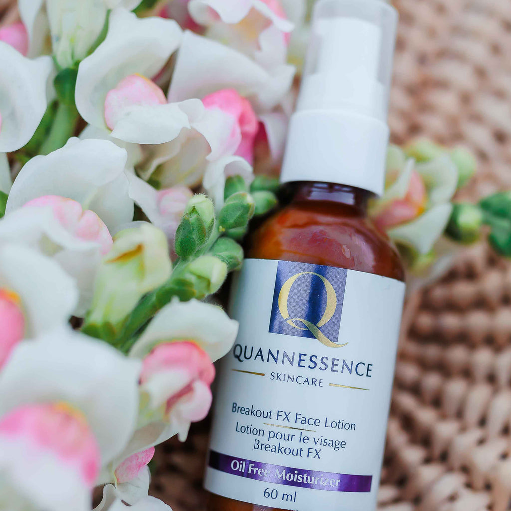 Quannessence: Breakout FX- Most essential moisturizing lotion for acne Quannessence, made in Canada, skincare, holistic beauty, Face, moisturizer, lotion, amber bottle with pump