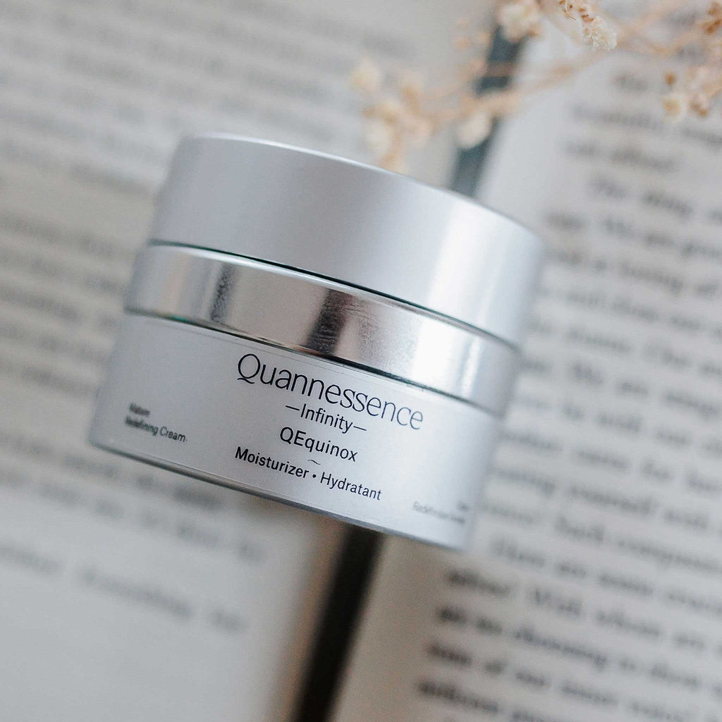 Quannessence Skincare, Infinity Collection, professional skincare, Holistic Beauty, Made in Canada, Naturally Sourced, Active ingredients, women-owned, Face, Moisturizer, Equinox, Equinox Age Renewal Cream, Silver packaging jar with silver lid