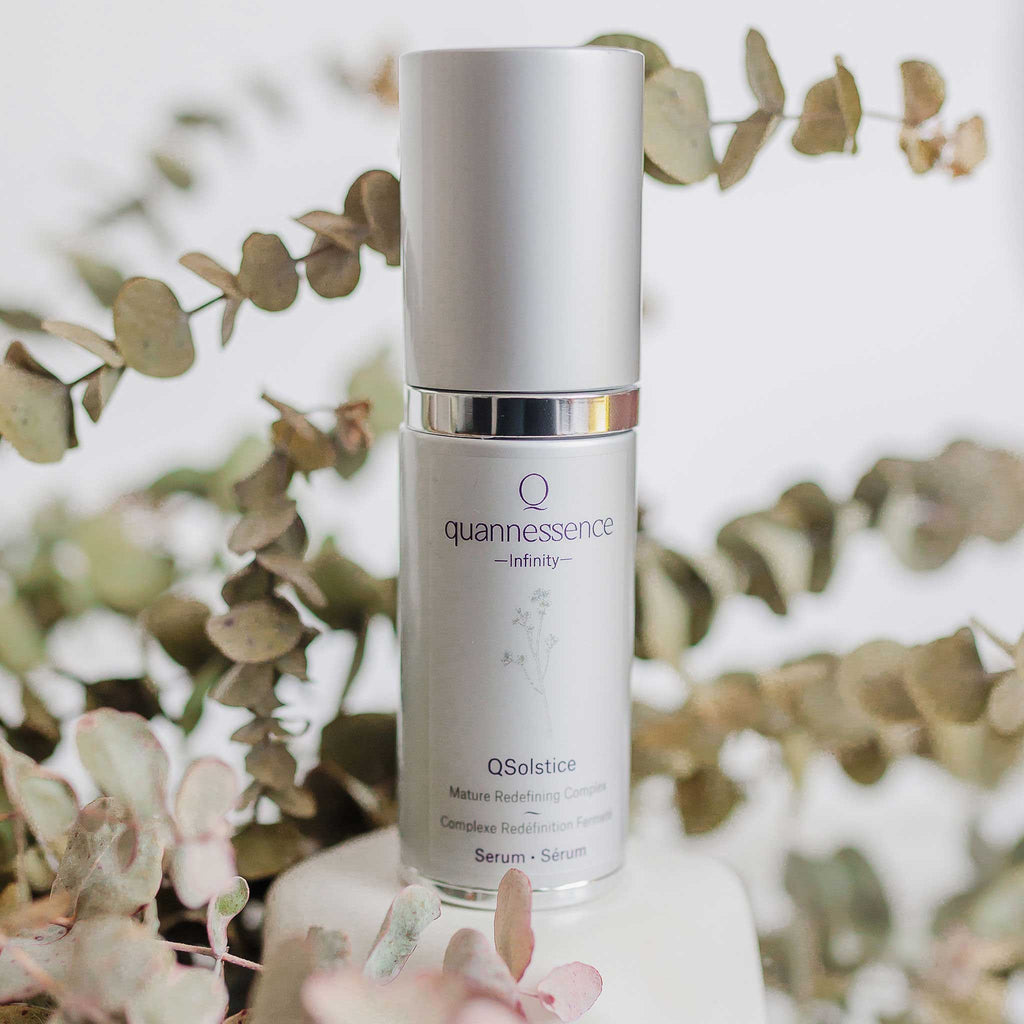 Quannessence Skincare, Infinity Collection, professional skincare, Holistic Beauty, Made in Canada, Naturally Sourced, Active ingredients, women-owned, Face, Serum, QSolstice, Solstice Redefining Serum, Silver packaging with silver lid and pump