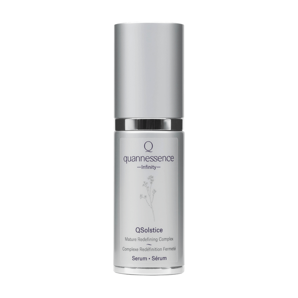 Quannessence Skincare, Infinity Collection, professional skincare, Holistic Beauty, Made in Canada, Naturally Sourced, Active ingredients, women-owned, Face, Serum, QSolstice, Solstice Redefining Serum, Silver packaging with silver lid and pump