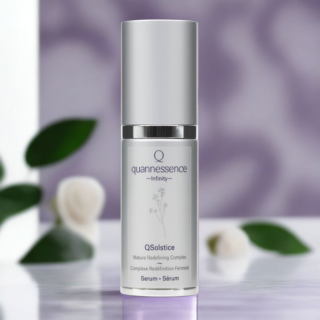 Quannessence Skincare, Infinity Collection, professional skincare, Holistic Beauty, Made in Canada, Naturally Sourced, Active ingredients, women-owned, Face, Serum, QSolstice, Solstice Redefining Serum, Silver packaging with silver lid and pump