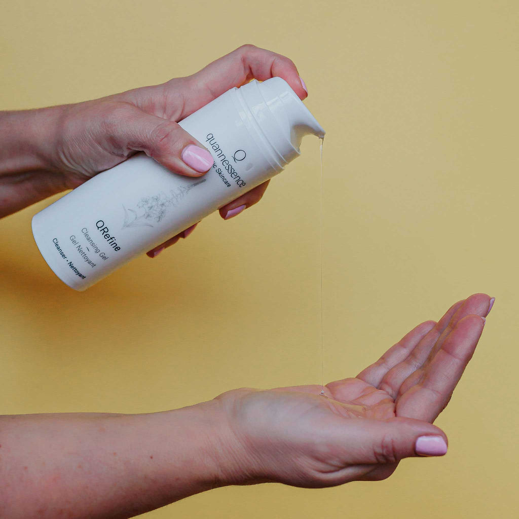 Quannessence Skincare, professional skincare, Holistic Beauty, Made in Canada, Naturally Sourced, Active ingredients, women-owned, Face, Cleanser, Gel, QRefine, Gentle Gel Cleanser, white container with pump