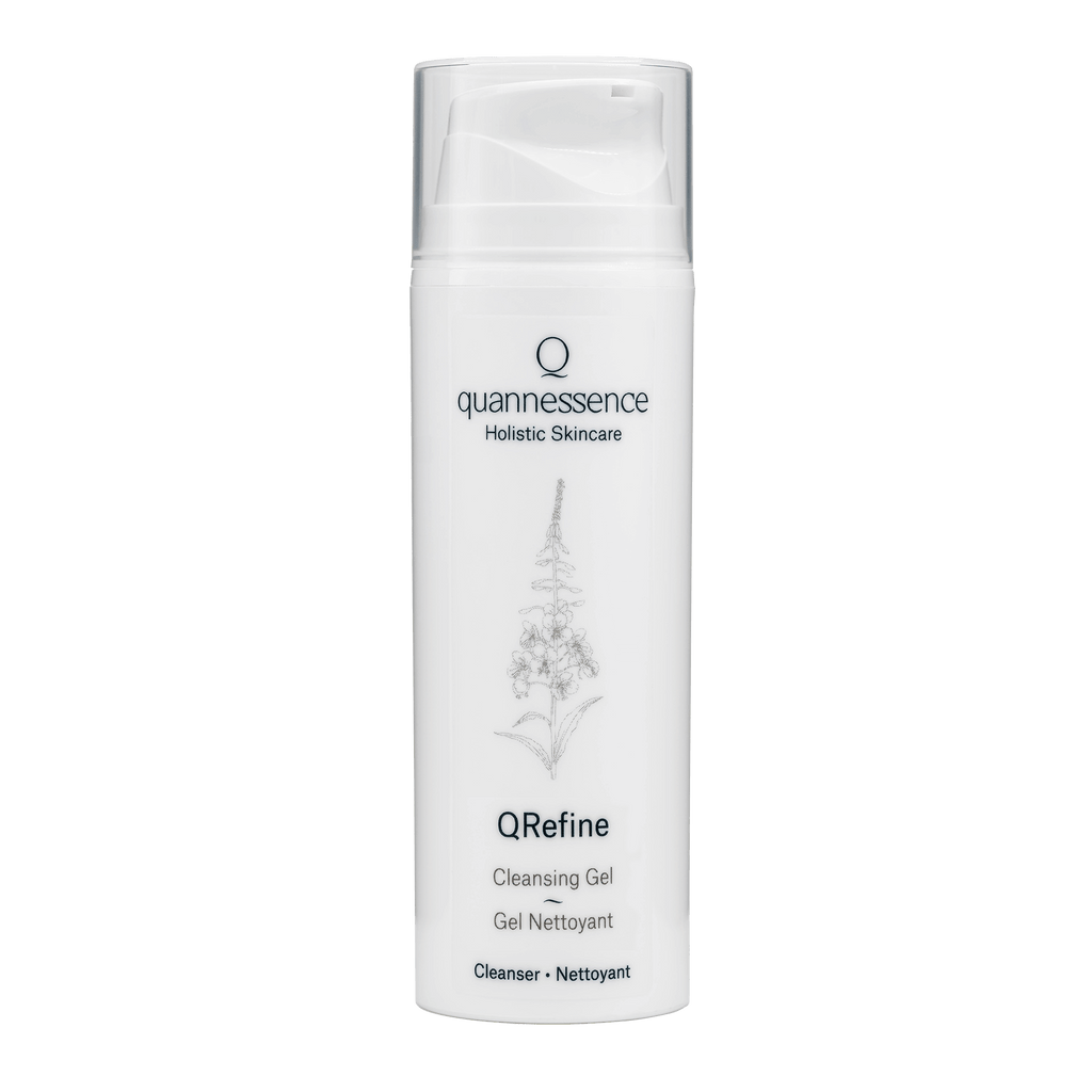 Quannessence Skincare, professional skincare, Holistic Beauty, Made in Canada, Naturally Sourced, Active ingredients, women-owned, Face, Cleanser, Gel, QRefine, Gentle Gel Cleanser, white container with pump