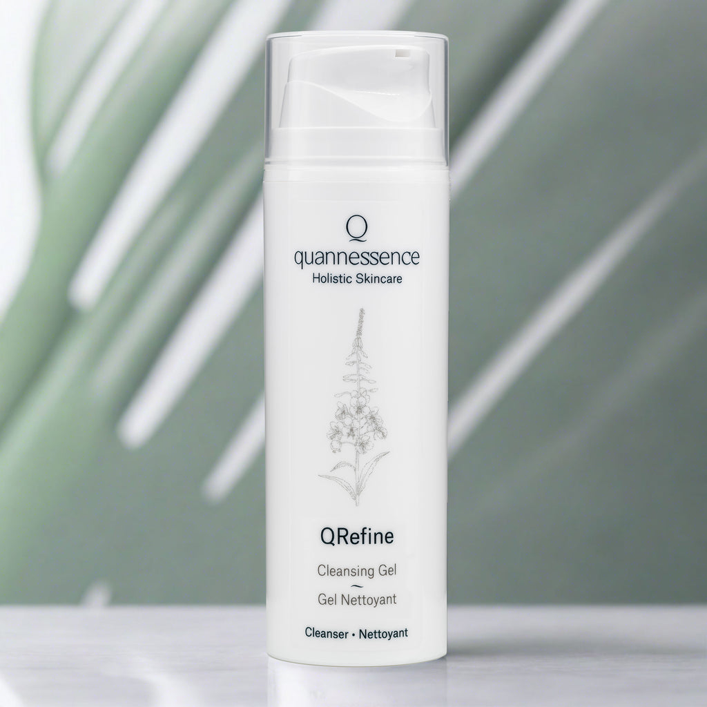 Quannessence Skincare, professional skincare, Holistic Beauty, Made in Canada, Naturally Sourced, Active ingredients, women-owned, Face, Cleanser, Gel, QRefine, Gentle Gel Cleanser, white container with pump