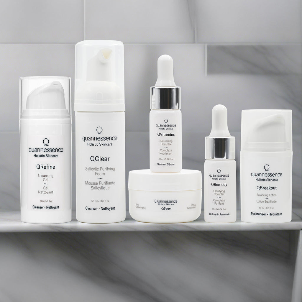 Quannessence Skincare, professional skincare, Holistic Beauty, Made in Canada, Naturally Sourced, Active ingredients, women-owned, Face, cleanser, exfoliator, ointment, Serum, lotion, QBlemish, COMPROMISED SKIN KIT, 6-piece kit, white containers