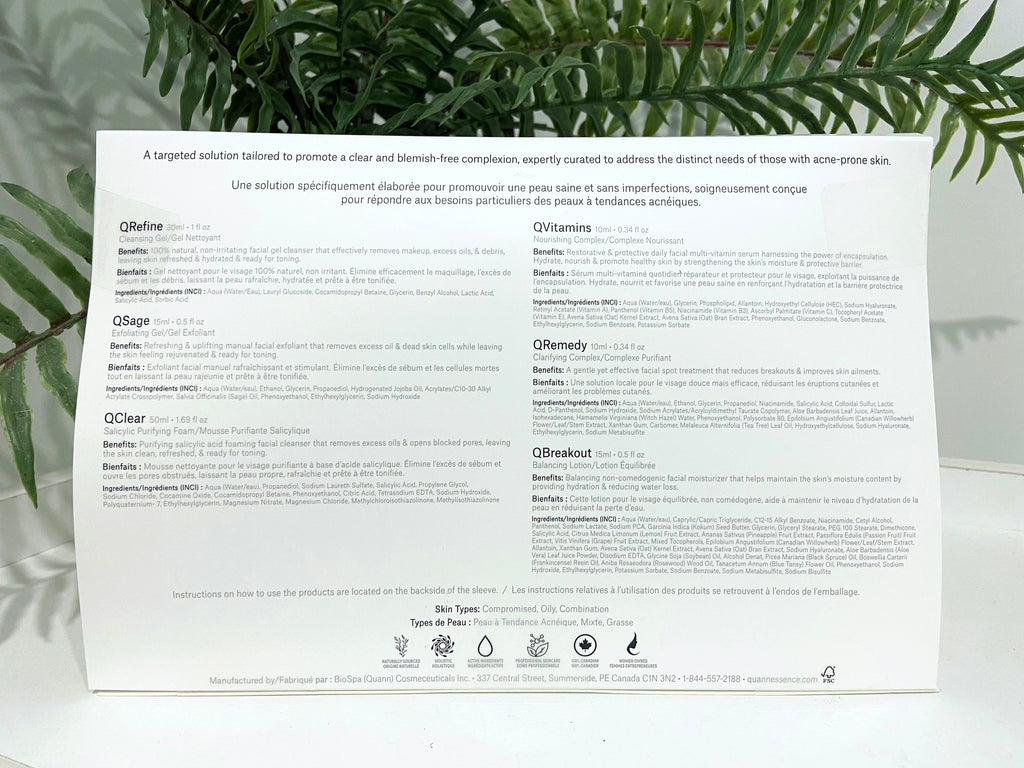 Quannessence Skincare, professional skincare, Holistic Beauty, Made in Canada, Naturally Sourced, Active ingredients, women-owned, Face, cleanser, exfoliator, ointment, Serum, lotion, QBlemish, COMPROMISED SKIN KIT, 6-piece kit, white containers