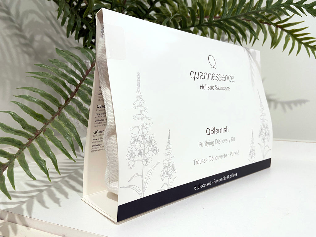 Quannessence Skincare, professional skincare, Holistic Beauty, Made in Canada, Naturally Sourced, Active ingredients, women-owned, Face, cleanser, exfoliator, ointment, Serum, lotion, QBlemish, COMPROMISED SKIN KIT, 6-piece kit, white containers