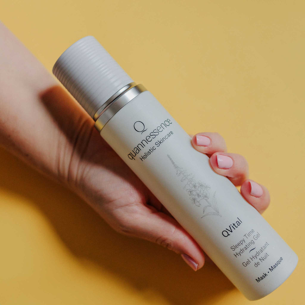 Quannessence Skincare, professional skincare, Holistic Beauty, Made in Canada, Naturally Sourced, Active ingredients, women-owned, Face, Mask, QVital, Vital Hydrating Gel Mask, white bottle with a mister spray