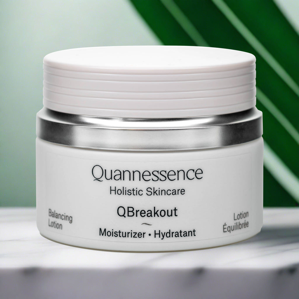 Quannessence Skincare, professional skincare, Holistic Beauty, Made in Canada, Naturally Sourced, Active ingredients, women-owned, Face, Moisturizer, Lotion, Cream, QBreakout, BREAKOUT FX FACE LOTION, white jar, on counter