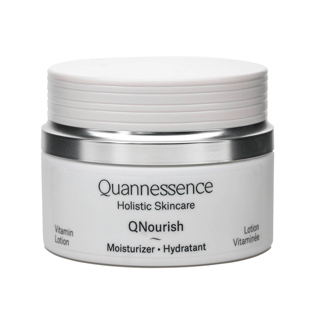 Quannessence Skincare, professional skincare, Holistic Beauty, Made in Canada, Naturally Sourced, Active ingredients, women-owned, Face, Moisturizer, Lotion, Cream, QNourish, uniQue encapsulated Vitamin Lotion, white jar