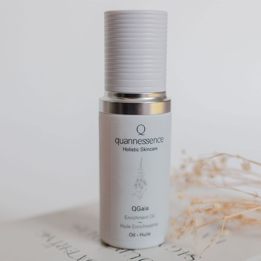 Quannessence Skincare, professional skincare, Holistic Beauty, Made in Canada, Naturally Sourced, Active ingredients, women-owned, Face, Oil, All Natural, QGaia, Gaia Facial Enrichment Oil, white glass packaging with white lid & pump