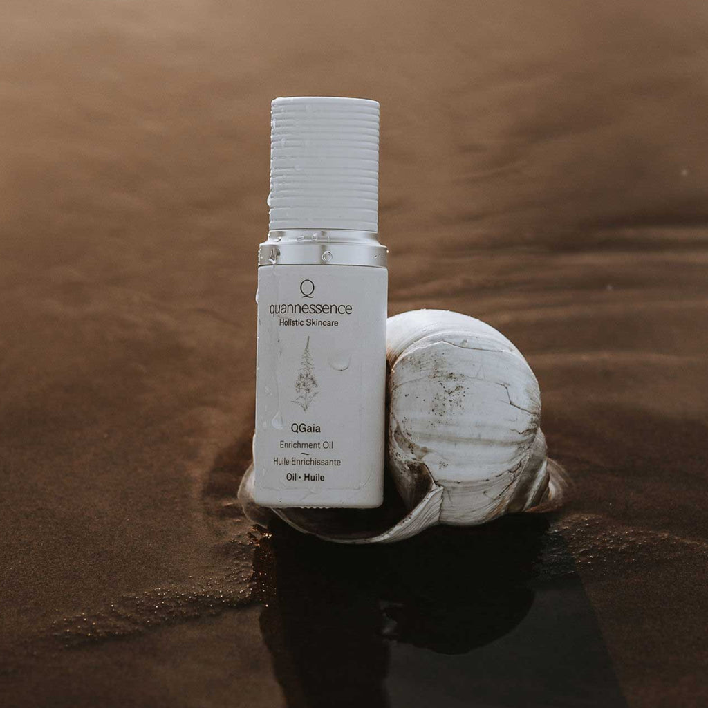 Quannessence Skincare, professional skincare, Holistic Beauty, Made in Canada, Naturally Sourced, Active ingredients, women-owned, Face, Oil, All Natural, QGaia, Gaia Facial Enrichment Oil, white glass packaging with white lid & pump