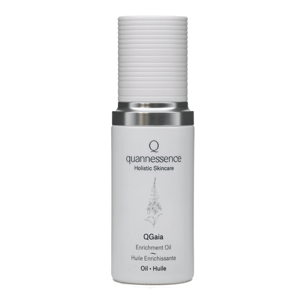 Quannessence Skincare, professional skincare, Holistic Beauty, Made in Canada, Naturally Sourced, Active ingredients, women-owned, Face, Oil, All Natural, QGaia, Gaia Facial Enrichment Oil, white glass packaging with white lid & pump