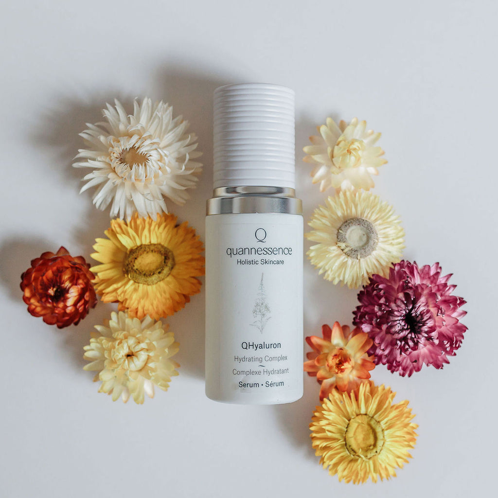 Quannessence Skincare, professional skincare, Holistic Beauty, Made in Canada, Naturally Sourced, Active ingredients, women-owned, Face, Serum, QHYaluron, Hyaluronic (PUR) Hydrating Serum, white glass packaging with white lid & pump