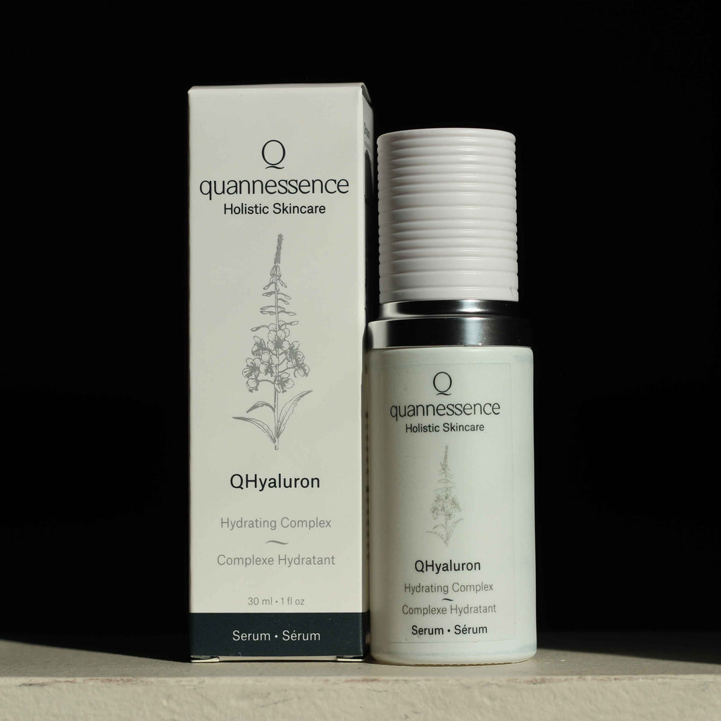 Quannessence Skincare, professional skincare, Holistic Beauty, Made in Canada, Naturally Sourced, Active ingredients, women-owned, Face, Serum, QHYaluron, Hyaluronic (PUR) Hydrating Serum, white glass packaging with white lid & pump