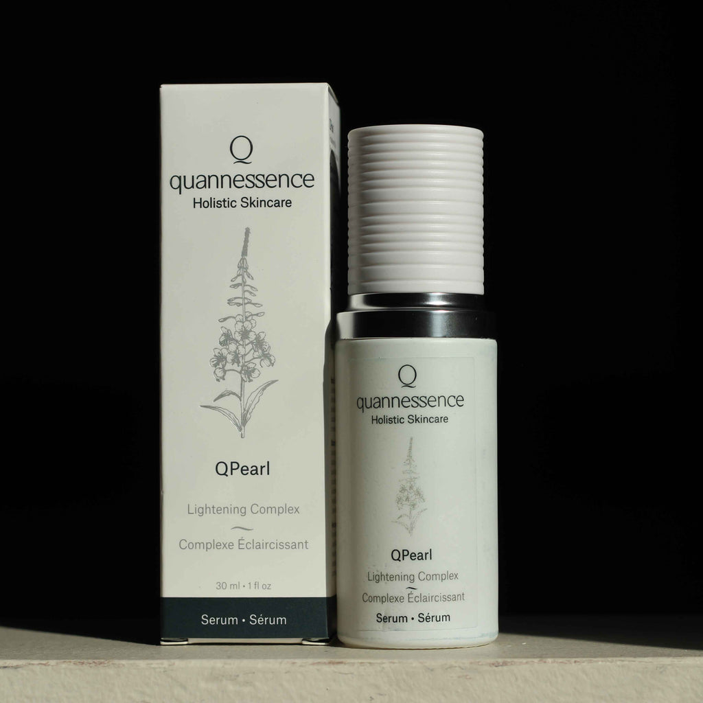 Quannessence Skincare, professional skincare, Holistic Beauty, Made in Canada, Naturally Sourced, Active ingredients, women-owned, Face, Serum, QPearl, Pearlessence Brightening Gel, white glass packaging with white lid & pump