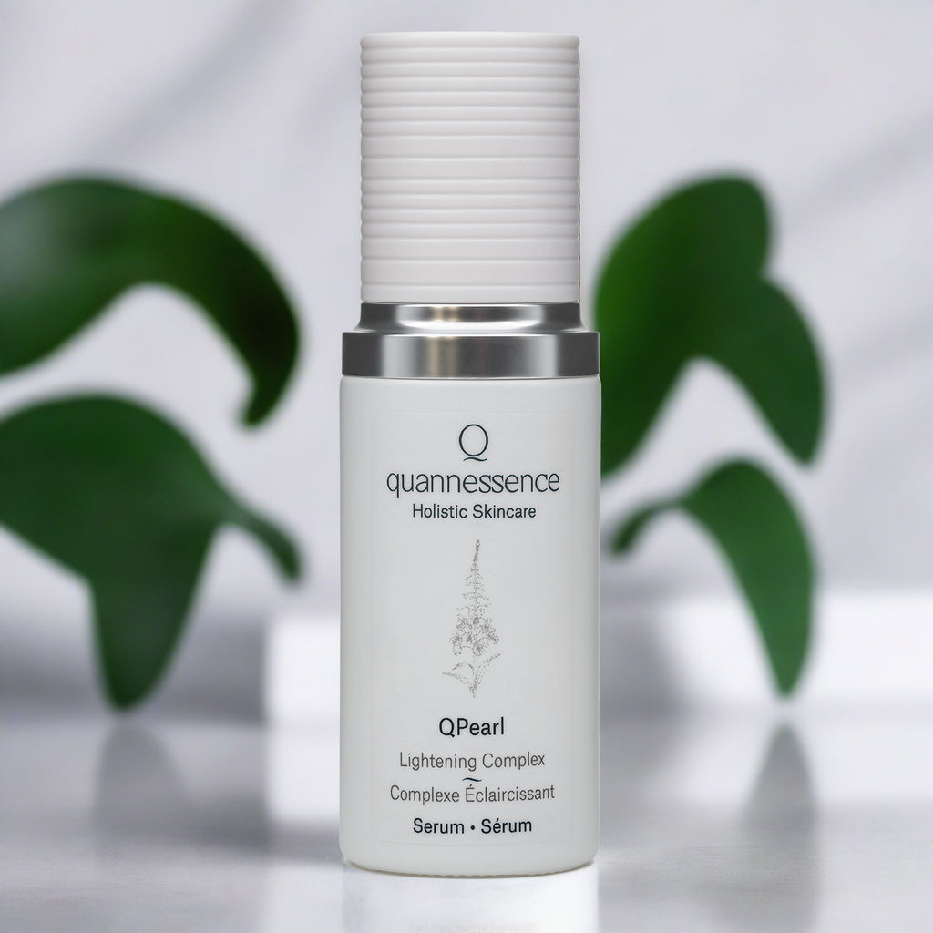 Quannessence Skincare, professional skincare, Holistic Beauty, Made in Canada, Naturally Sourced, Active ingredients, women-owned, Face, Serum, QPearl, Pearlessence Brightening Gel, white glass packaging with white lid & pump