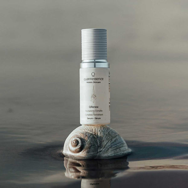 Quannessence Skincare, professional skincare, Holistic Beauty, Made in Canada, Naturally Sourced, Active ingredients, women-owned, Face, Serum, QRenew, Renewal Skincare Complex, white glass packaging with white lid & pump