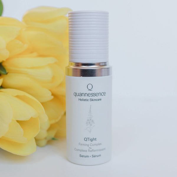Quannessence Skincare, professional skincare, Holistic Beauty, Made in Canada, Naturally Sourced, Active ingredients, women-owned, Face, Serum, QTight, Q Tightening Serum, white glass packaging with white lid & pump