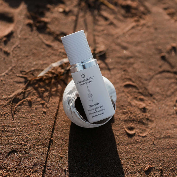 Quannessence Skincare, professional skincare, Holistic Beauty, Made in Canada, Naturally Sourced, Active ingredients, women-owned, Face, Serum, QVitamins, Essential Skincare Vitamin Complex, white glass packaging with white lid & pump