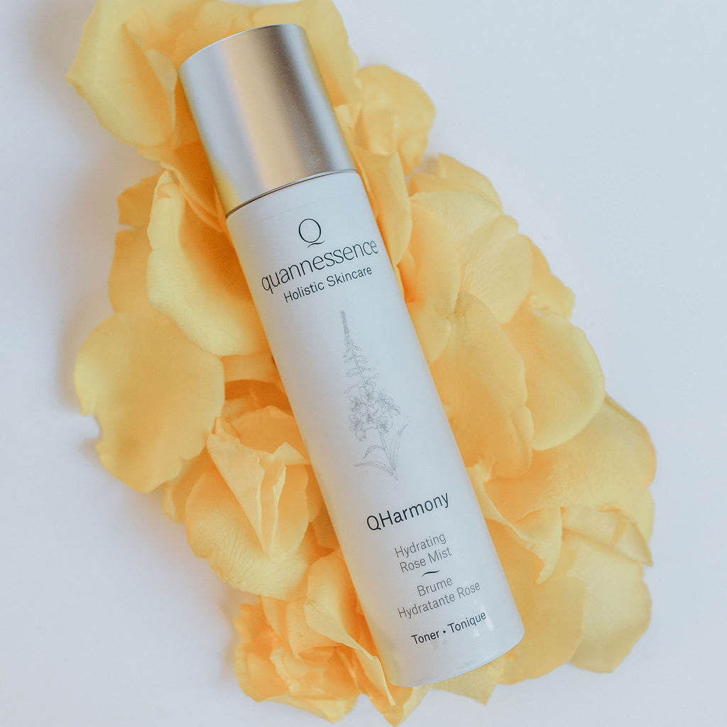 Quannessence Skincare, professional skincare, Holistic Beauty, Made in Canada, Naturally Sourced, Active ingredients, women-owned, Face, Toner, Mist, QHarmony, Harmony Rose Toner, white bottle with mister spray
