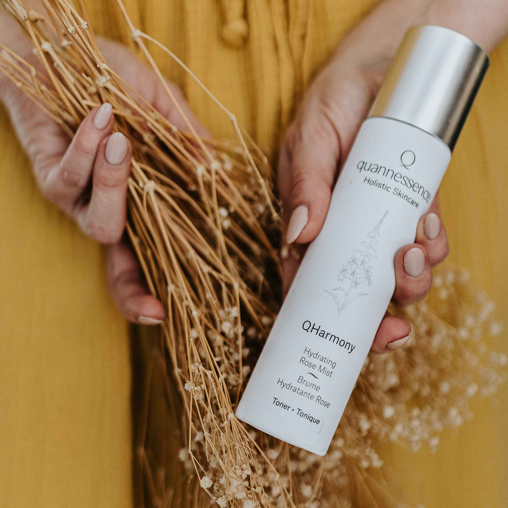 Quannessence Skincare, professional skincare, Holistic Beauty, Made in Canada, Naturally Sourced, Active ingredients, women-owned, Face, Toner, Mist, QHarmony, Harmony Rose Toner, white bottle with mister spray