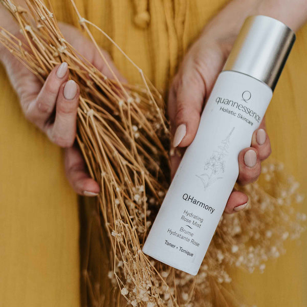 Quannessence Skincare, professional skincare, Holistic Beauty, Made in Canada, Naturally Sourced, Active ingredients, women-owned, Face, Toner, Mist, QHarmony, Harmony Rose Toner, white bottle with mister spray