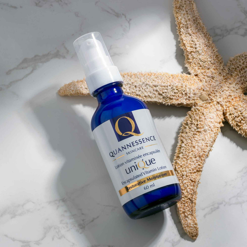 uniQue encapsulated Vitamin Lotion, Quannessence, Made in Canada, Skincare, Holistic Beauty, Face, Lotion, Blue Bottle with Pump, hydrate