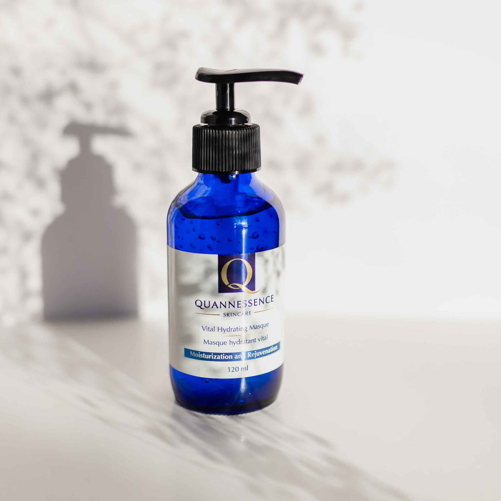 vital hydrating masque, Quannessence, made in Canada, skincare, beauty, holistic approach, Face, masque, blue bottle with pump