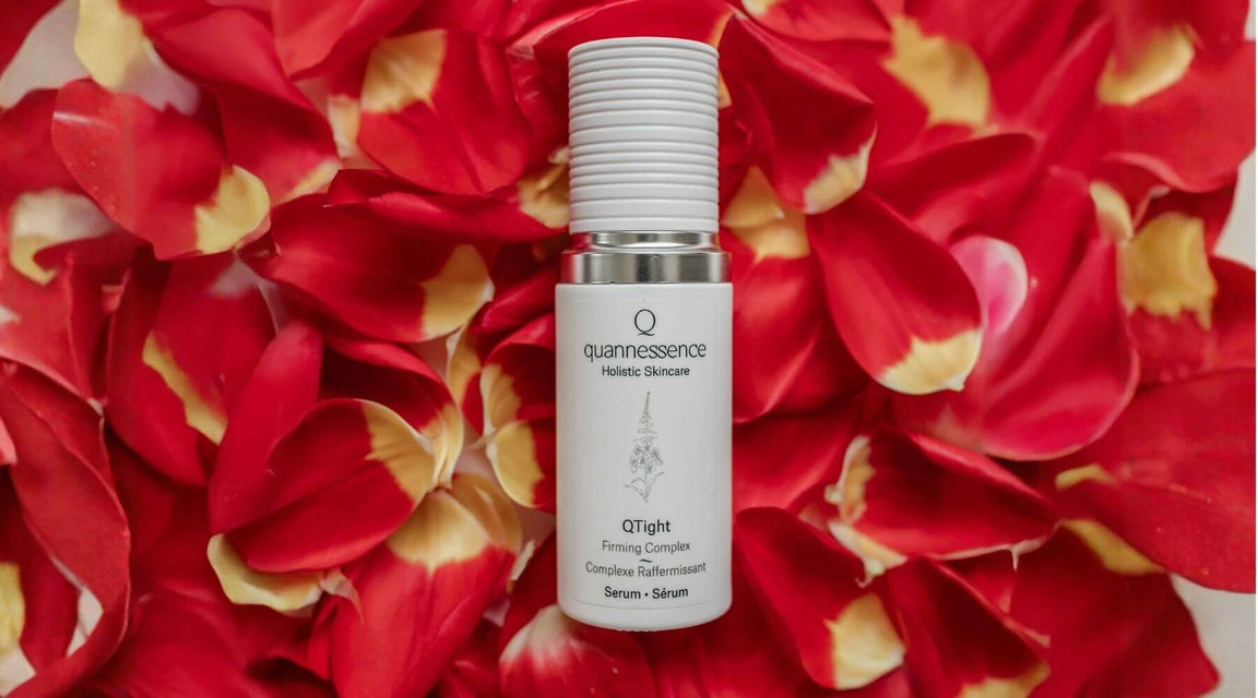 Quannessence Skincare, professional skincare, Holistic Beauty, Made in Canada, Naturally Sourced, Active ingredients, women-owned, Face, Serum, QTight, Q Tightening Serum, white glass packaging with white lid & pump