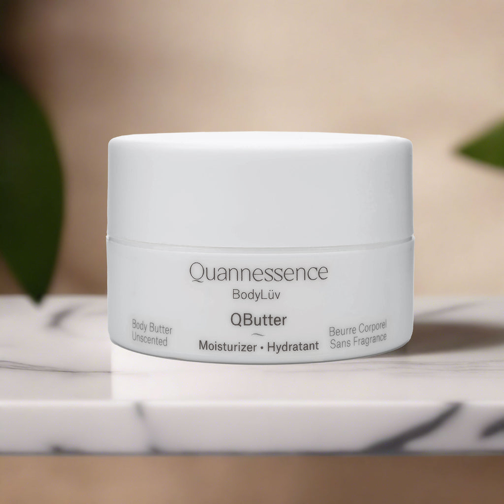 Quannessence Skincare, BodyLüv Collection, professional skincare, Holistic Beauty, Made in Canada, Naturally Sourced, Active ingredients, women-owned, Body, Cream, Moisturizer, QButter, Body Butter Cream, white jar with green plant display