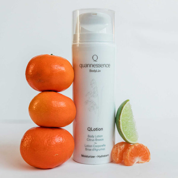 Quannessence Skincare, BodyLüv Collection, professional skincare, Holistic Beauty, Made in Canada, Naturally Sourced, Active ingredients, women-owned, Body, Lotion, Moisturizer, QLotion, Hand and Body Lotion, white packaging with pump