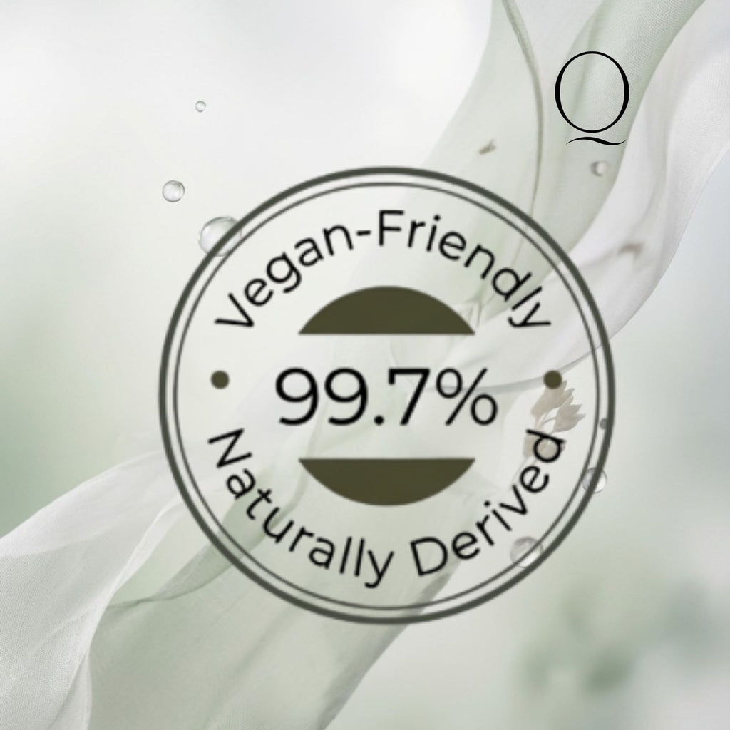 Circular badge with 'Vegan-Friendly 99.7% Naturally Derived' text on a white background.