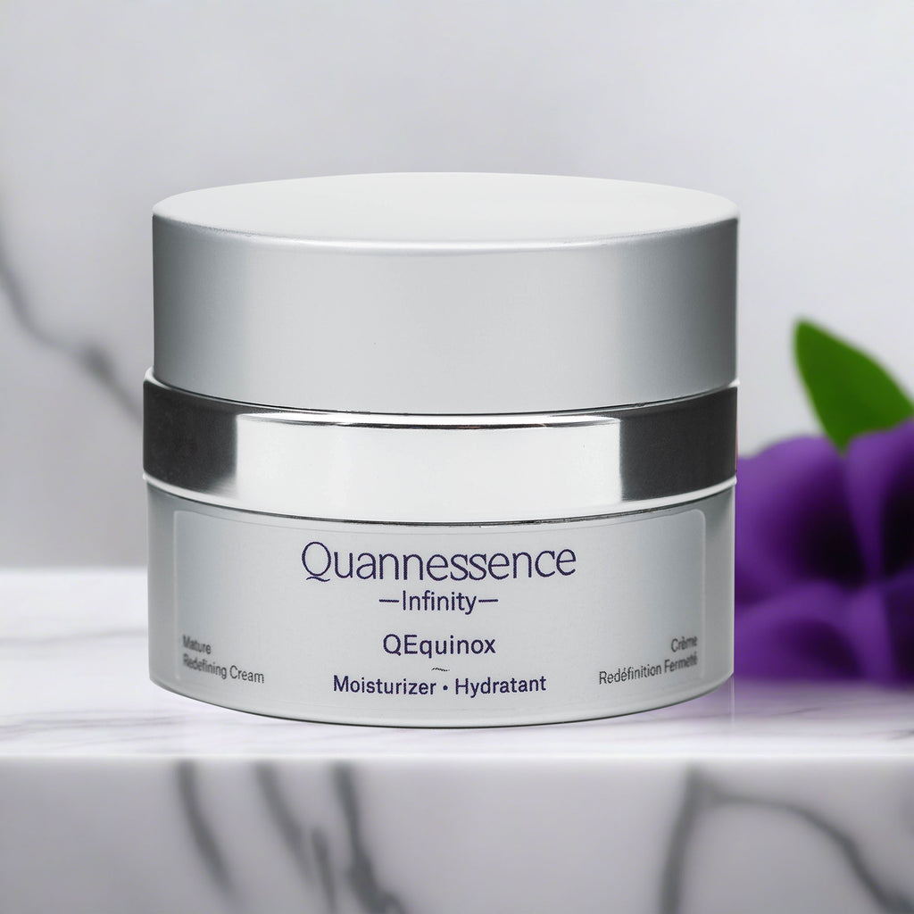 Quannessence Skincare, Infinity Collection, professional skincare, Holistic Beauty, Made in Canada, Naturally Sourced, Active ingredients, women-owned, Face, Moisturizer, Equinox, Equinox Age Renewal Cream, Silver packaging jar with silver lid