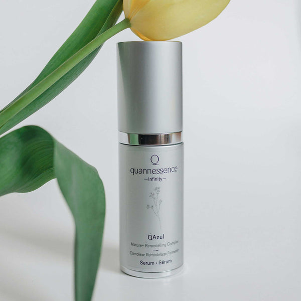 Quannessence Skincare, Infinity Collection, professional skincare, Holistic Beauty, Made in Canada, Naturally Sourced, Active ingredients, women-owned, Face, Serums, Qazul, Azul Rejuvenating Serum, Silver packaging with silver lid and pump