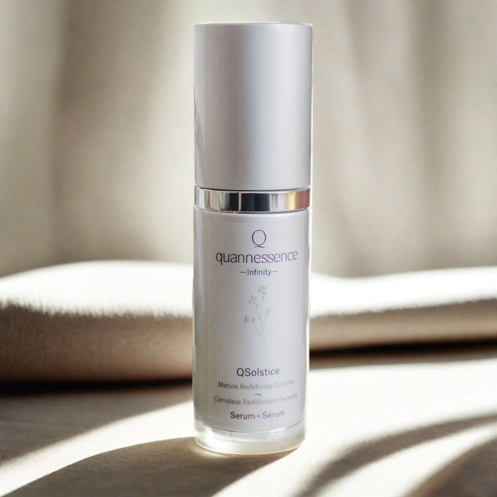 Quannessence Skincare, Infinity Collection, professional skincare, Holistic Beauty, Made in Canada, Naturally Sourced, Active ingredients, women-owned, Face, Serum, QSolstice, Solstice Redefining Serum, Silver packaging with silver lid and pump