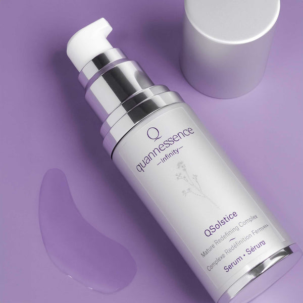 Quannessence Skincare, Infinity Collection, professional skincare, Holistic Beauty, Made in Canada, Naturally Sourced, Active ingredients, women-owned, Face, Serum, QSolstice, Solstice Redefining Serum, Silver packaging with silver lid and pump