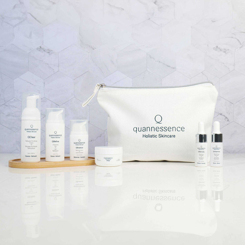 Quannessence Skincare, professional skincare, Holistic Beauty, Made in Canada, Naturally Sourced, Active ingredients, women-owned, Face, cleanser, exfoliator, ointment, Serum, lotion, QBlemish, COMPROMISED SKIN KIT, 6-piece kit, white containers