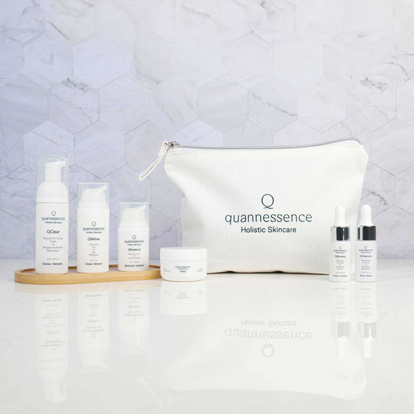 Quannessence Skincare, professional skincare, Holistic Beauty, Made in Canada, Naturally Sourced, Active ingredients, women-owned, Face, cleanser, exfoliator, ointment, Serum, lotion, QBlemish, COMPROMISED SKIN KIT, 6-piece kit, white containers