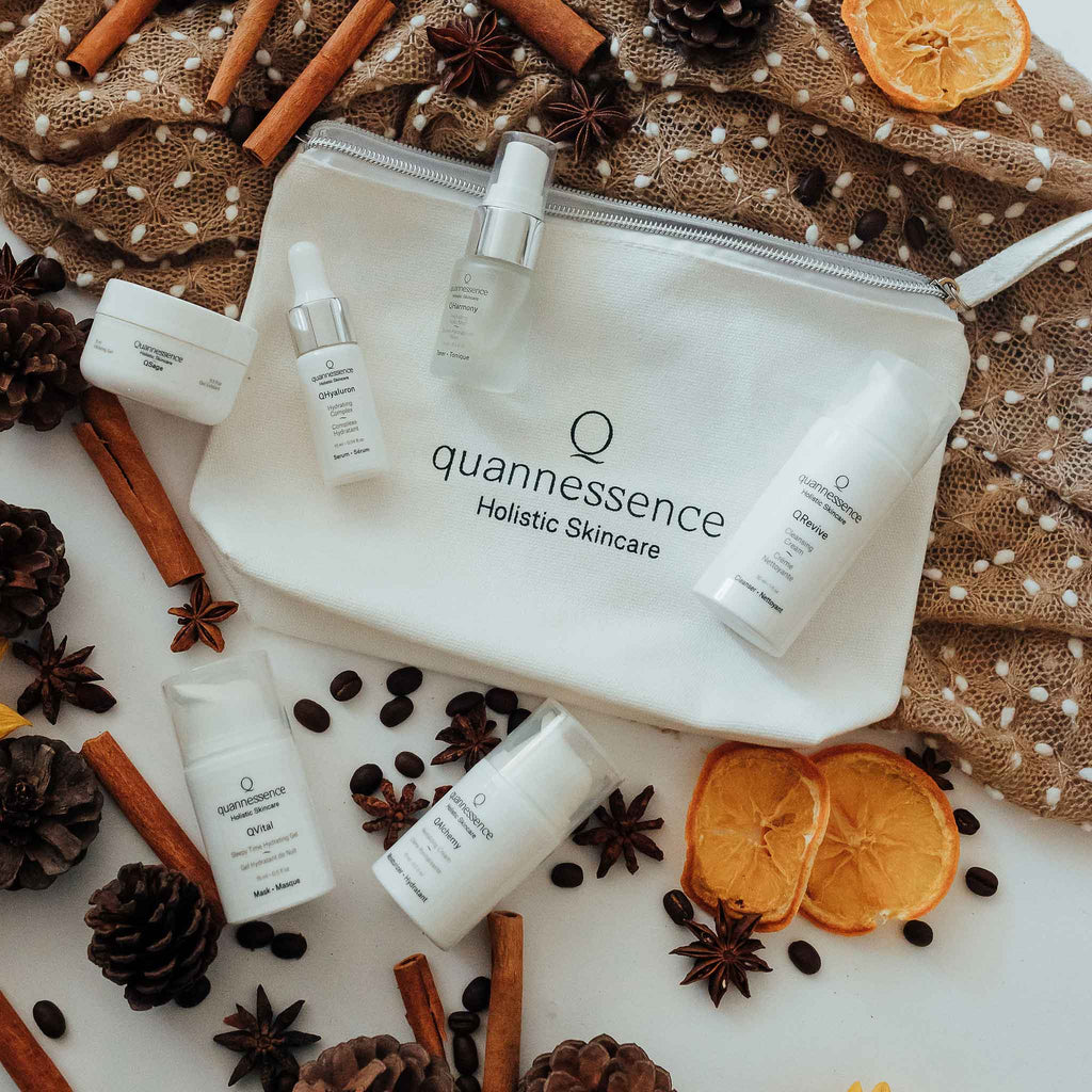 Quannessence Skincare, professional skincare, Holistic Beauty, Made in Canada, Naturally Sourced, Active ingredients, women-owned, Face, cleanser, exfoliator, toner, Serum, lotion, QSpa, Skin Renewal Kit, 6-piece kit, white containers