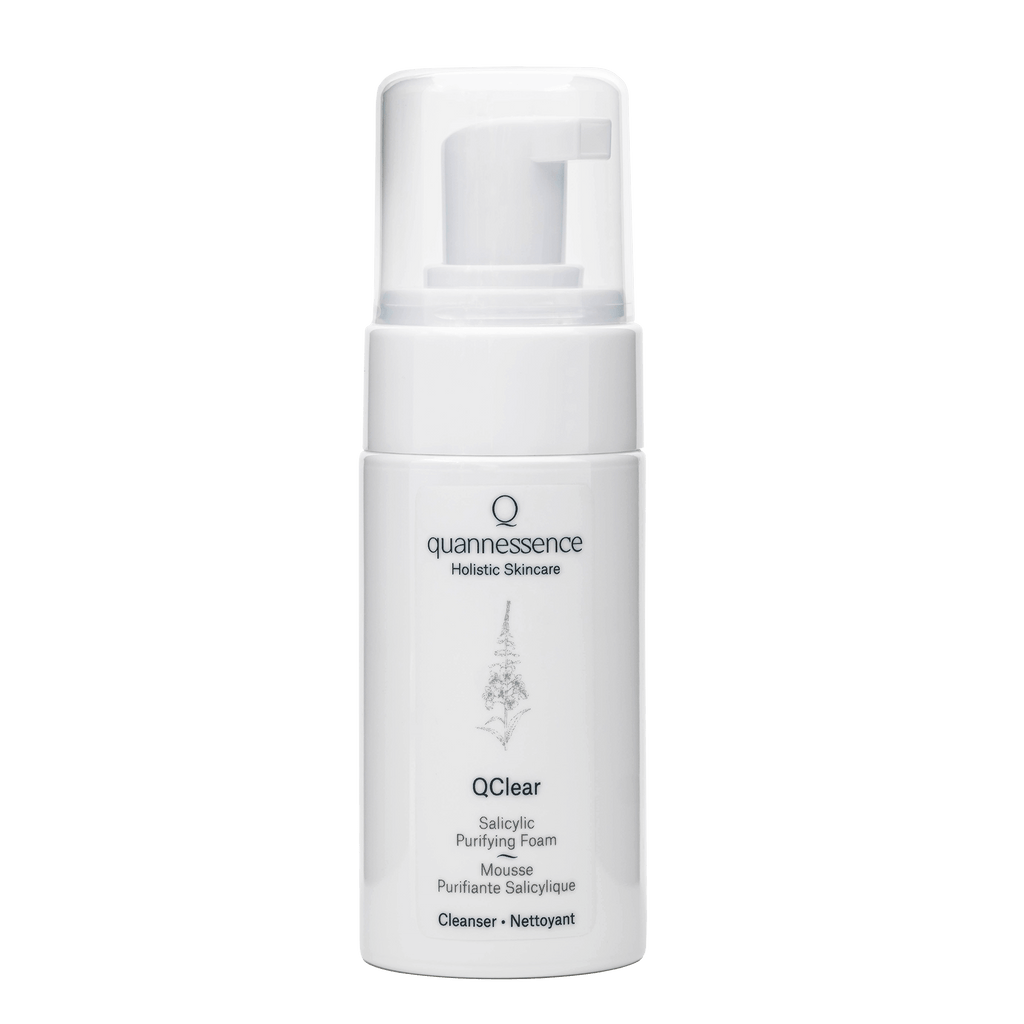 Quannessence Skincare, professional skincare, Holistic Beauty, Made in Canada, Naturally Sourced, Active ingredients, women-owned, Face, Cleanser, Foam, QClear, Deep Pore Salicylic Cleanser, white container with foamer pump