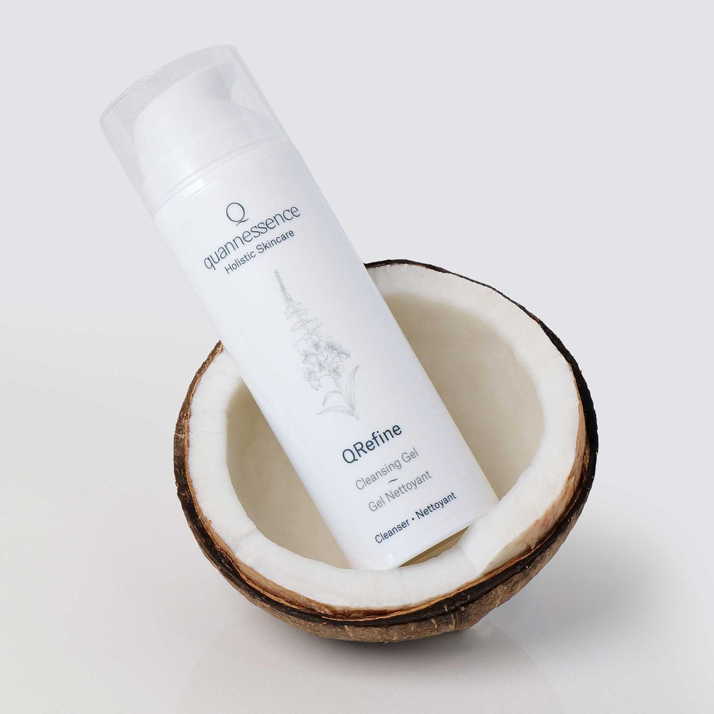 Quannessence Skincare, professional skincare, Holistic Beauty, Made in Canada, Naturally Sourced, Active ingredients, women-owned, Face, Cleanser, Gel, QRefine, Gentle Gel Cleanser, white container with pump