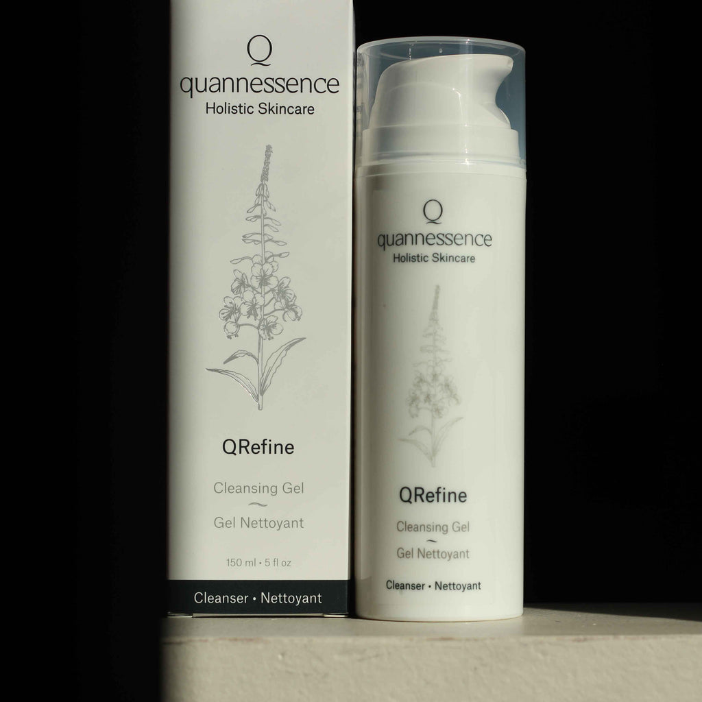 Quannessence Skincare, professional skincare, Holistic Beauty, Made in Canada, Naturally Sourced, Active ingredients, women-owned, Face, Cleanser, Gel, QRefine, Gentle Gel Cleanser, white container with pump