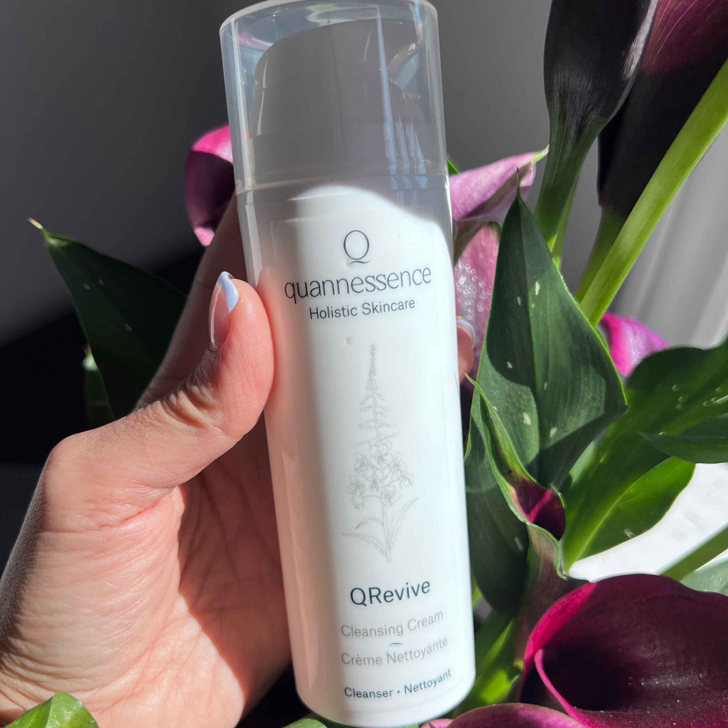Quannessence Skincare, professional skincare, Holistic Beauty, Made in Canada, Naturally Sourced, Active ingredients, women-owned, Face, Cleanser, Cream, QRevive, Facial Cleansing Cream, white container with pump