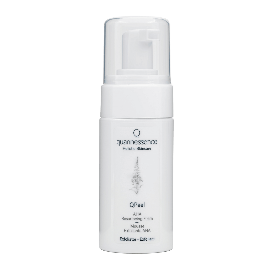 Quannessence Skincare, professional skincare, Holistic Beauty, Made in Canada, Naturally Sourced, Active ingredients, women-owned, Face, Exfoliant, Foam, QPeel, Multi-Fruit AHA Foam, white container with foamer pump